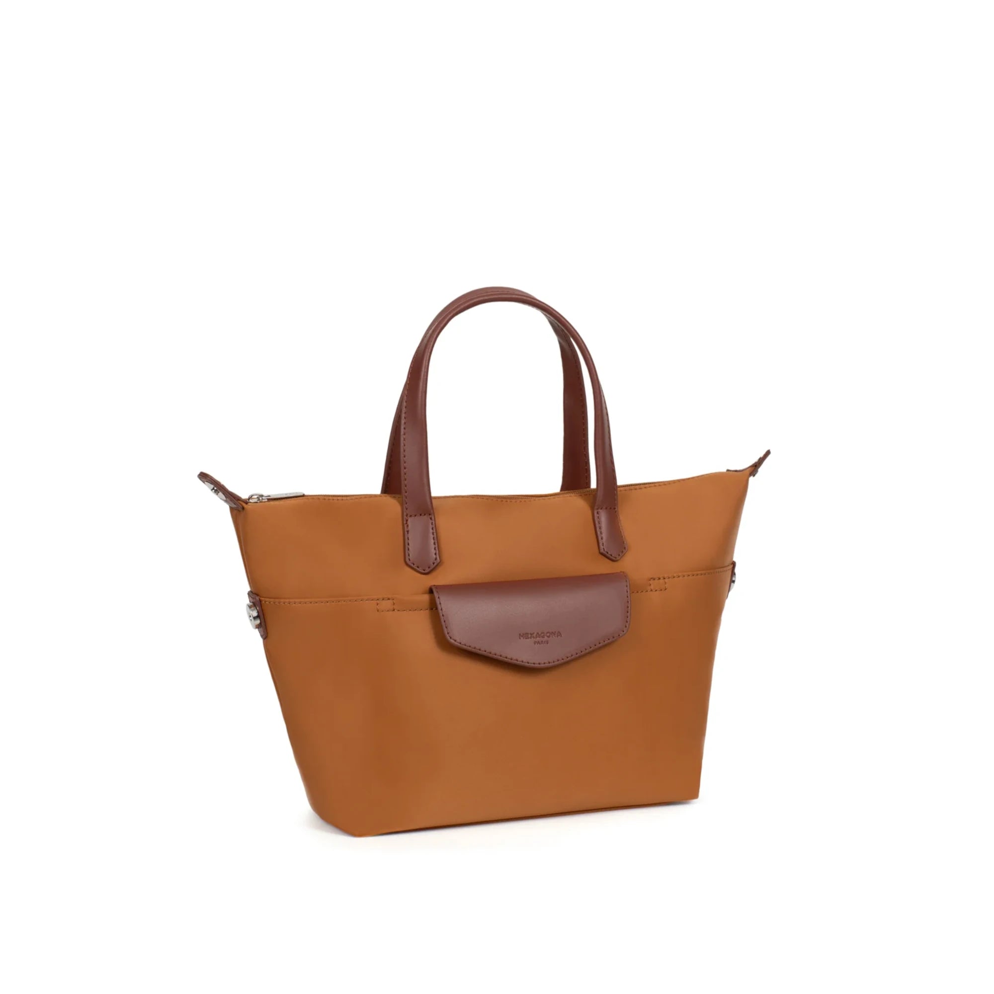mala em nylon camel com 2 pegas de mão em pele castanha e tiracolo removível da Pop Hexagona
