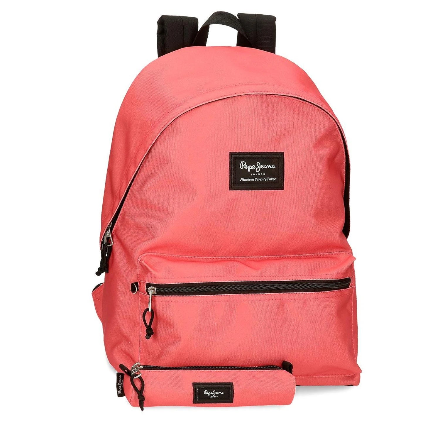 mochila escolar aris colorful + estojo pepe jeans em coral