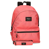 mochila escolar aris colorful + estojo pepe jeans em coral
