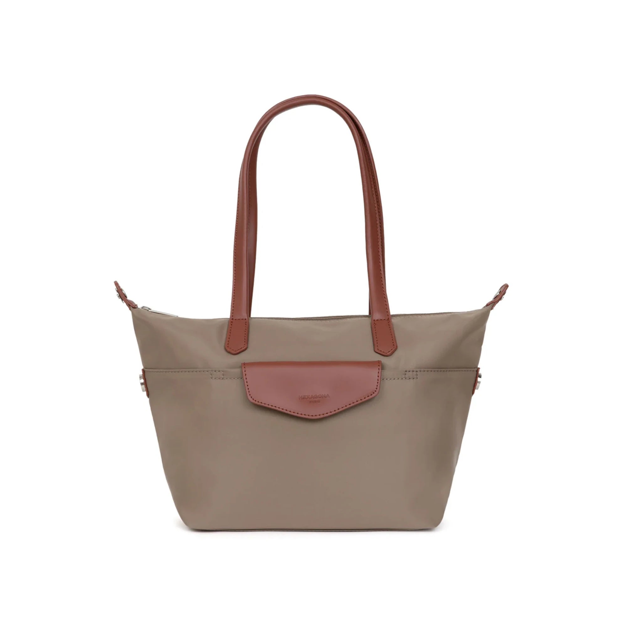 Mala de ombro média nylon impermeável na cor taupe com alça em pele de bovino da hexagona