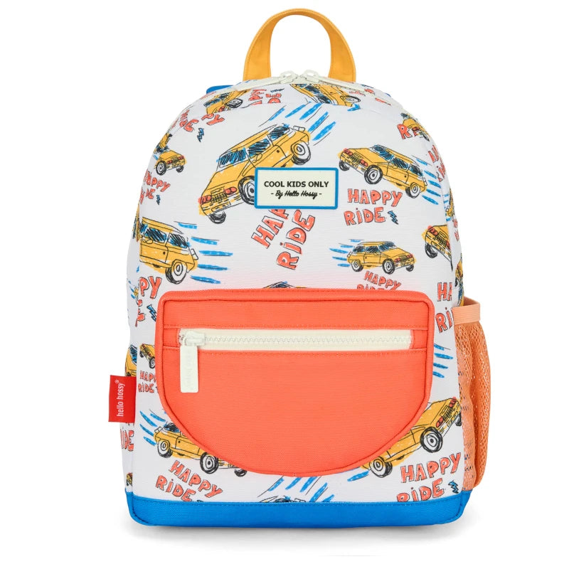 mochila escolar com fecho happy ride hello hossy branca com carros