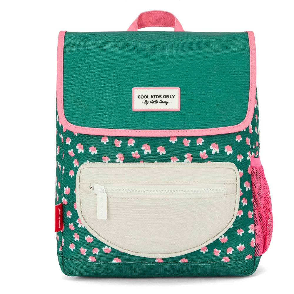 mochila escolar com pala garden joy da hello hossy em verde com padrão floral rosa