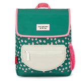 mochila escolar com pala garden joy da hello hossy em verde com padrão floral rosa