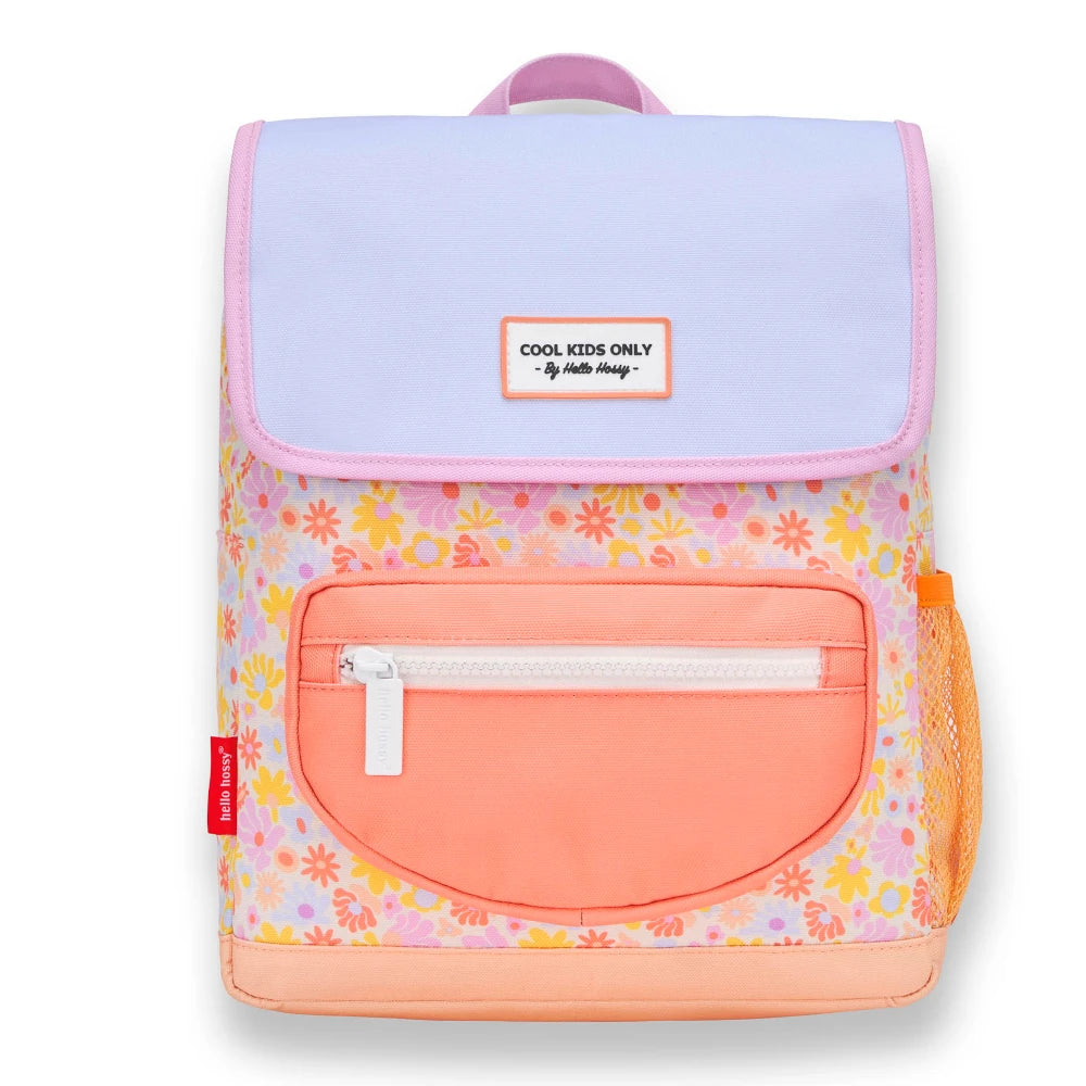 mochila escolar com pala retro flowers Hello Hossy cor de pêssego, violeta e rosa com flores