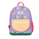 mochila creche com fecho hello hossy em violeta com padrão de girassóis